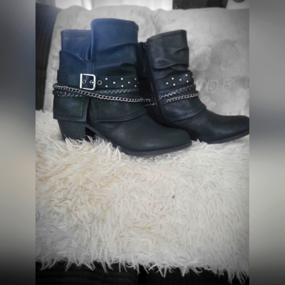 Black Combat Moto Boots with Studded Straps